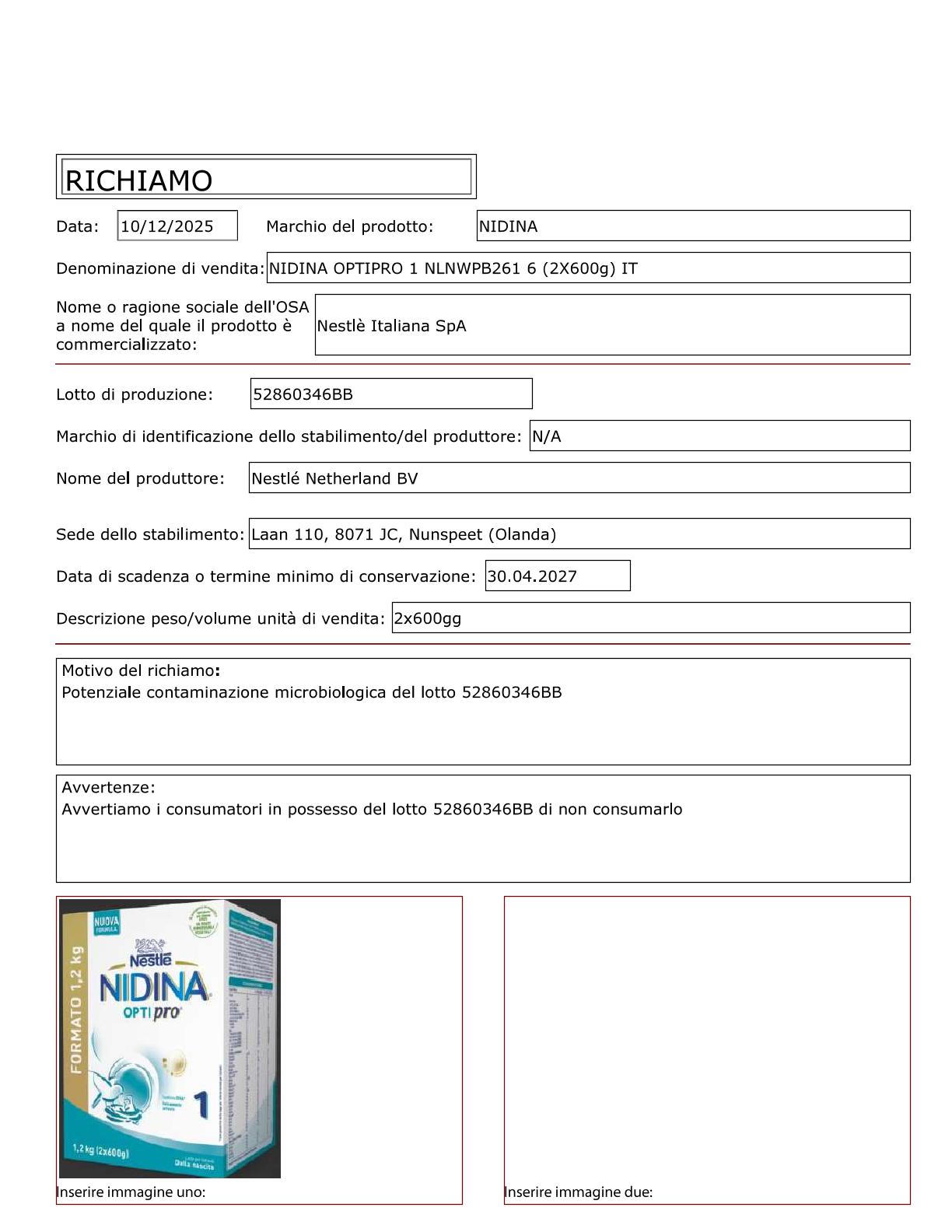 Allerta Alimentare – Ritiro lotti NIDINA OPTIPRO 1 – 2×400 g